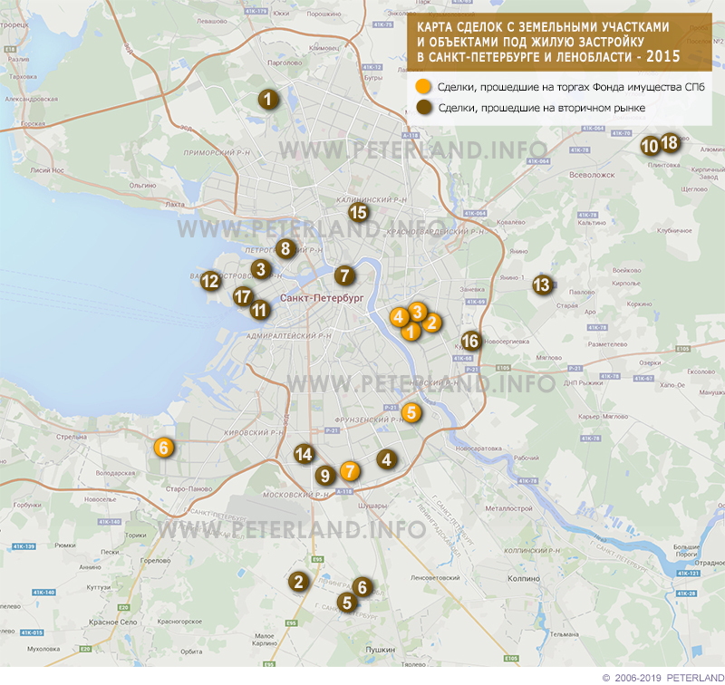 Карта сделок с земельными участками под жилую застройку в СПб 2015