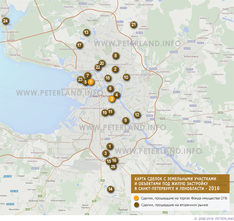 Карта сделок с земельными участками под жилую застройку в СПб 2016