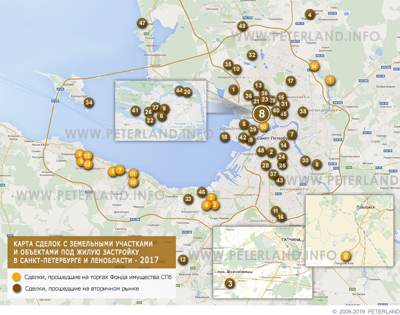 Карта сделок с земельными участками под жилую застройку в СПб 2017