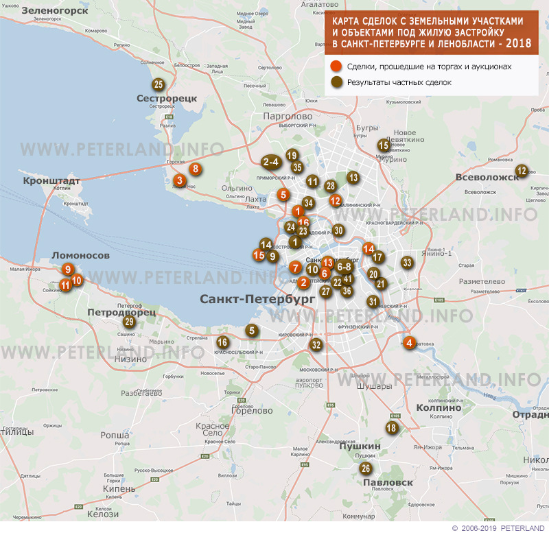 Карта сделок с земельными участками под жилую застройку в СПб 2018