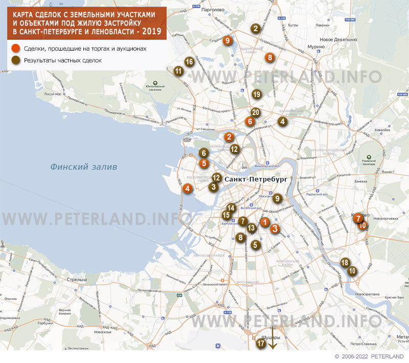 Карта сделок с земельными участками под жилую застройку в СПб 2019