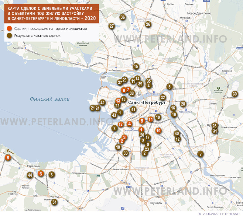 Карта сделок с земельными участками под жилую застройку в СПб 2020